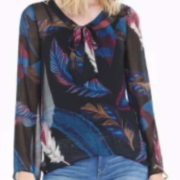 Express feather print tie-neck sheer blouse, M - Picture 4 of 4